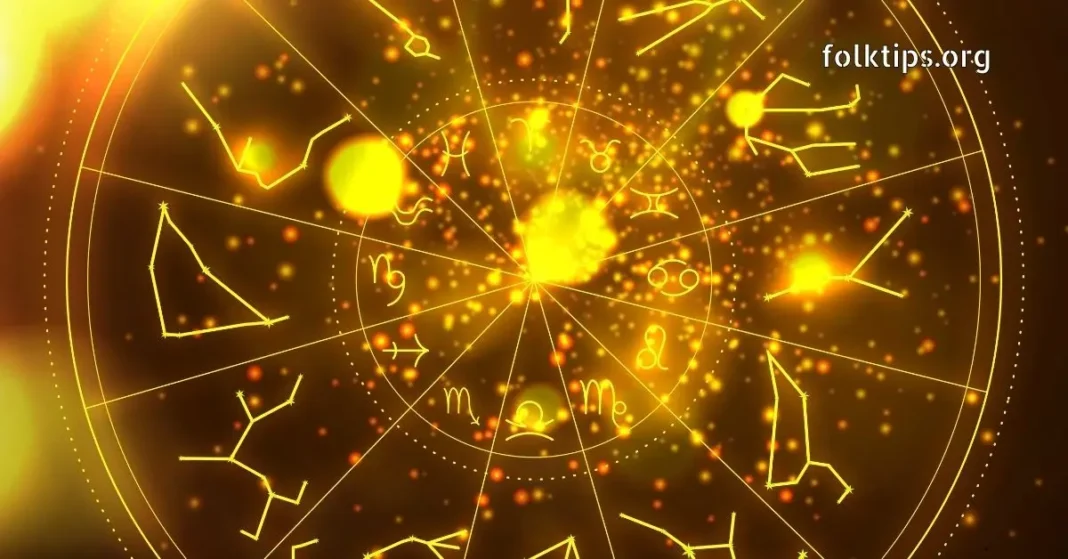 Golden Astrology Zodiac Chart Golden zodiac wheel with astrology symbols and constellations on a glowing background.